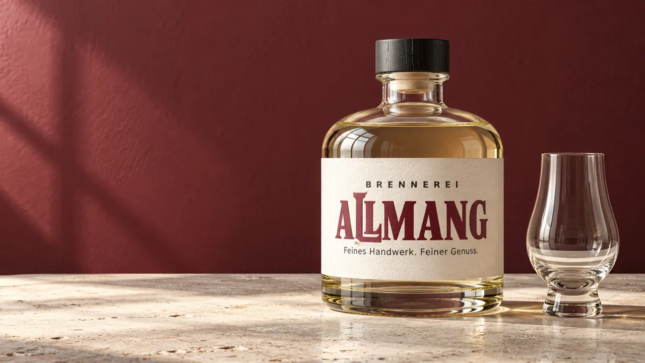 Brennerei Allmang – Flasche und Tulpenglas Flasche von Brennerei Allmang mit cremeweißem Etikett neben einem Tulpenglas vor kirschroter Wand