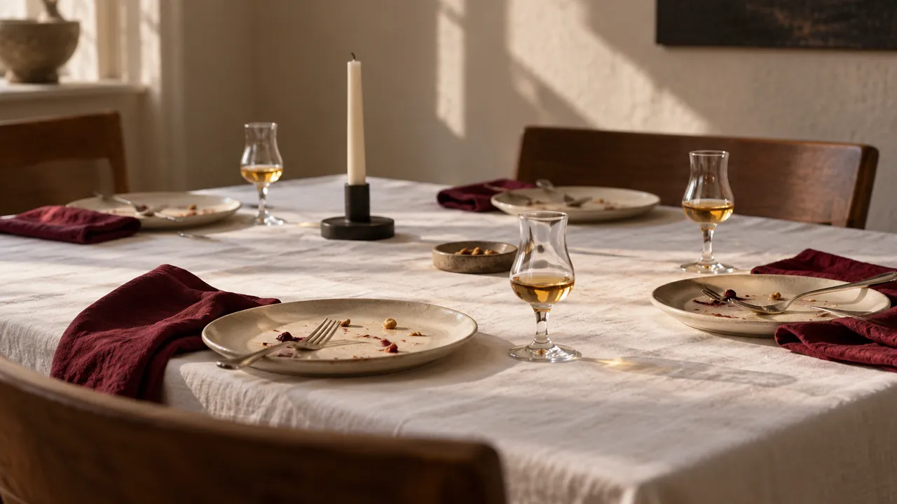 Ein Digestif nach dem Essen Gedeckte Tafel nach dem Essen mit weißem Tischtuch, kirschroten Servietten und kleinen Verkostungsgläsern